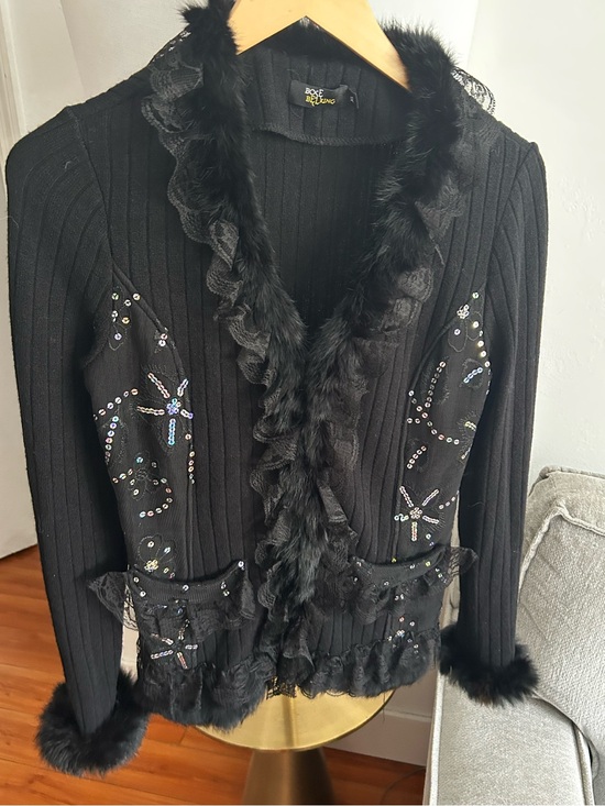 Sweaters - Vtg Knits Lace Sequins  Fur Cardigan Sweater  XL Linen Blend Whimsigoth Witchy